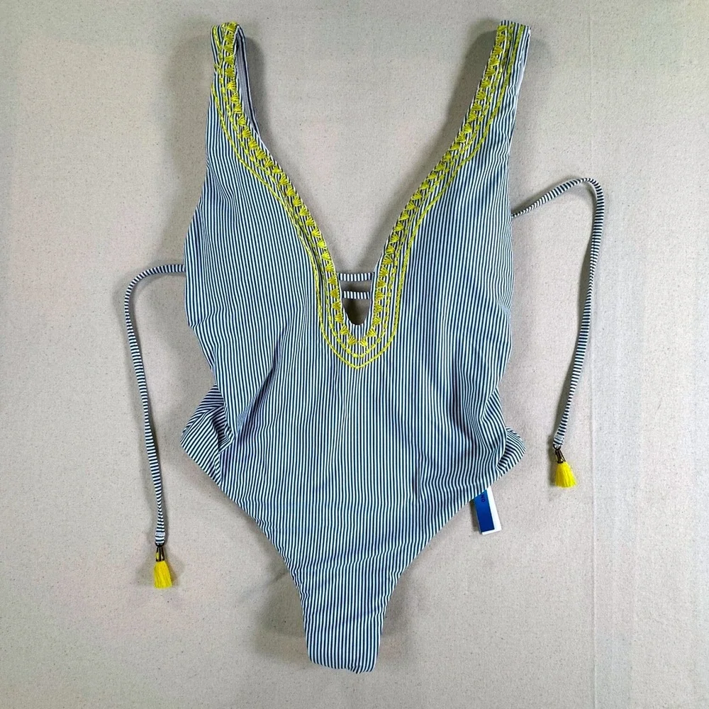 Lucky Brand Women Blue White Striped Embroidered V-Neck One Piece Swimsuit S NEW
